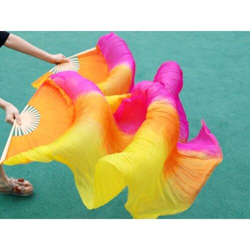 2016 female high quality Chinese silk veils dance fans Pair of belly dancing fans cheap hot sale yellow+orange+rose stripe