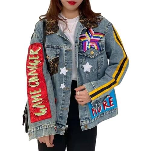 Blue letters Sequined jeans jackets for women Water wash Five-pointed star denim jacket coat casual long sleeve loose outwear