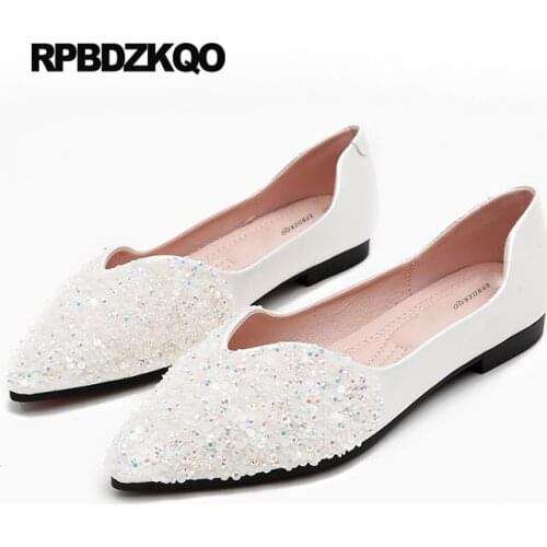 Chinese Wedding Shoes Flats Designer 10 Slip On Large Size Cheap White Pointed Toe China Glitter Bling Sequin 2018 Ladies Women