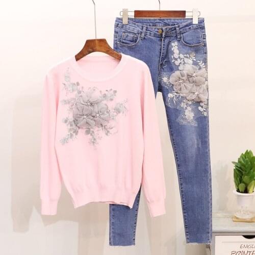 Amolapha Women Knit 3D Flowers Pullover Sweaters Jeans Suits Long-sleeved Knitted Sweater Tops Denim Jean Pants Sets for Woman