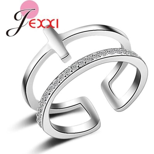 Charms Fashion Silver Rose Gold Hollow Double Layer African AAA Crystal T Ring for Women Midi Knuckle Rings Jewelry