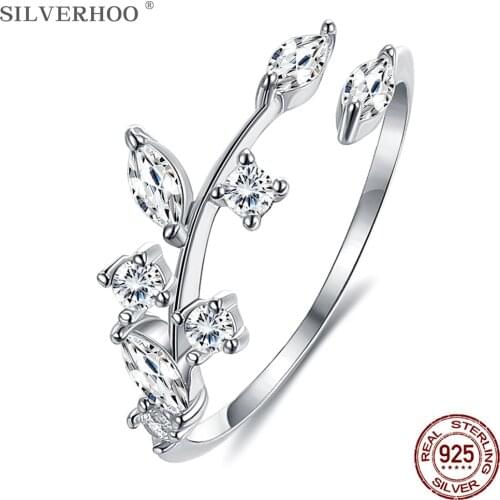 SILVERHOO 925 Sterling Silver Handmade Olive Leaf Rings for Women Exquisite Adjustable Open Ring Silver Jewelry Wedding Gifts