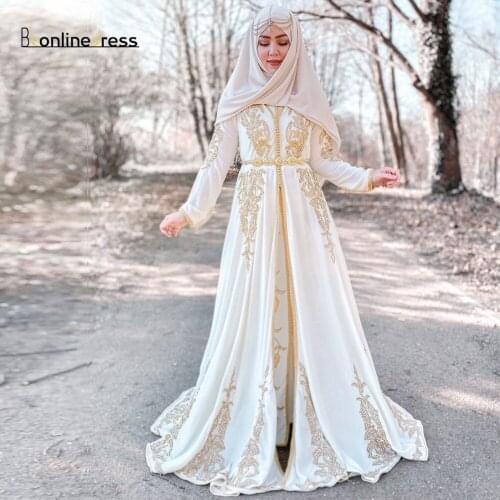 Bbonlinedress White Muslim Evening Dress 2020 Golden Embroidery Crystal Women Wear Moroccan Caftan Dress robe de soiree