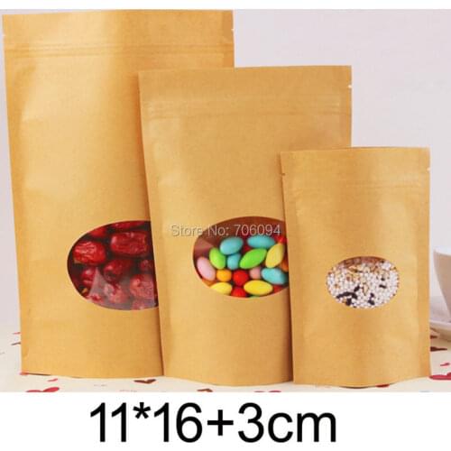 11*16+3cm,200PCS StandUp Kraft bag with oval window,standup brown kraft paper bag for Candy/Coffee/Tea/gift