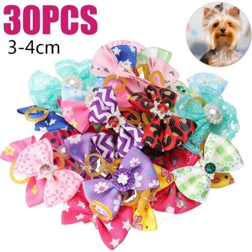 30Pcs 3-4cm Small Dogs Bows Hair Grooming Accessories Pet Hair Clips Bows Flowers Rubber Band Puppy Headdress Color Random