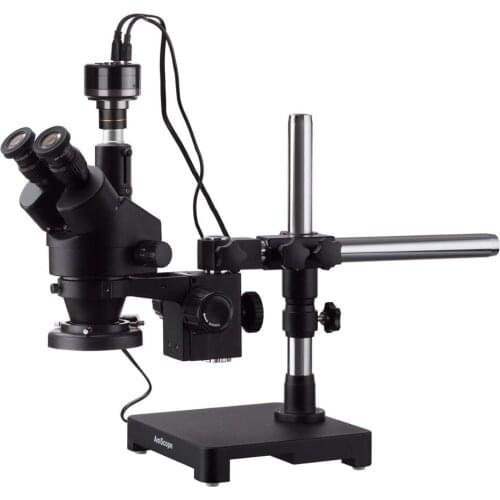 7X-90X Black Trinocular Stereo Zoom Microscope on Single Arm Boom Stand + 144 Direction Adjustable LED Ring Light & HD Recording