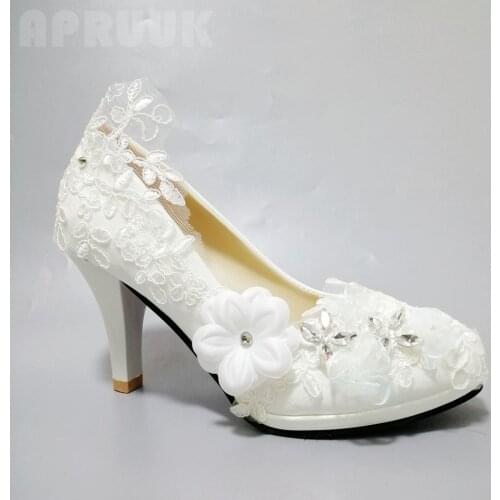 White lace flower wedding shoes bride handmade luxury sweet pattern bridesmaid platforms flower girl party ceremony lace pumps