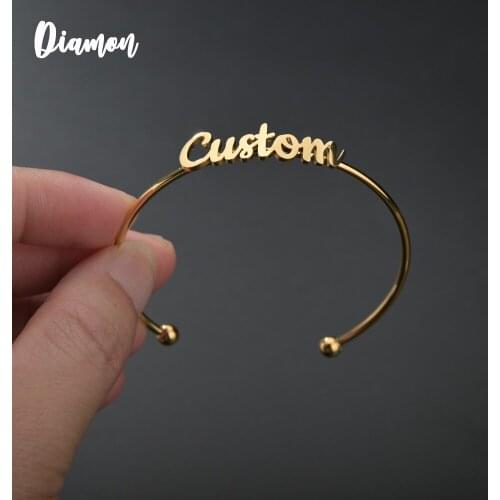 Diamon New Fashion Personalized Custom Name Women Stainless Steel Open Letter Bangle Jewelry Gift For Lover