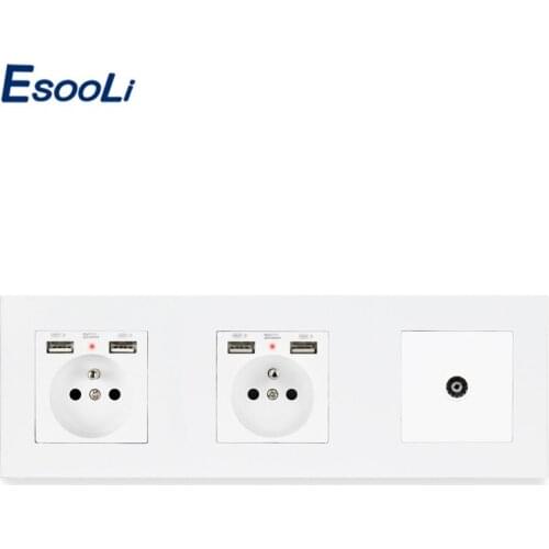 ESOOLI PC Plastic Panel Double French Standard Socket with 4 USB Charging Port + 1 Gang Female TV Connector Television