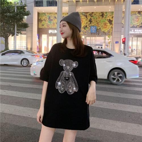 Little Bear Diamonds Hot Rhinestone Loose Short Sleeve T-shirt Womens Summer 2021 New Mid-length Plus Size Base Top