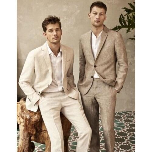 Tailor Khaki Linen Summer Beach Mens Suit Groom Tuxedos Groomsmen Wedding Blazer Suits For Men Stylish 2pieces (Jacket+Pants)