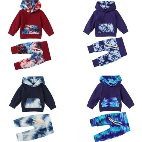 Baby Boy’s Long-sleeved Trousers Suit Fashion Tie-dye Pocket Hooded Sweater and Elastic Long Pants 2pcs Baby Clothing For 0-12M