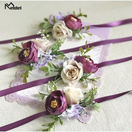 Meldel Silk Rose Flower Purple Bracelet Bridesmaid Wrist Corsage Men Wedding Boutonniere Marriage Corsage Prom Party Brooch Pins