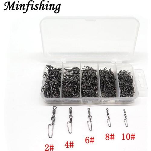 Minfishing 250pcs/lot Fishing Swivel with Arc Snap MS+HX Rolling Swivel Size 2 4 6 8 10# Transparent Retail Box Fishing Tackle