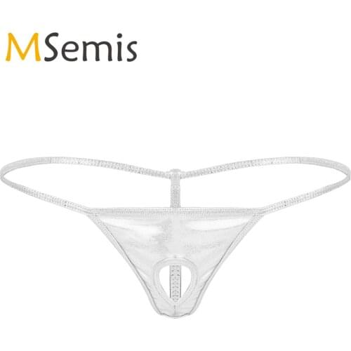 MSemis Men Underwear Front Penis Hole Sexy Shiny Metallic Lingerie Low RiseT-back Open Butt G-String Thong Briefs Underpants