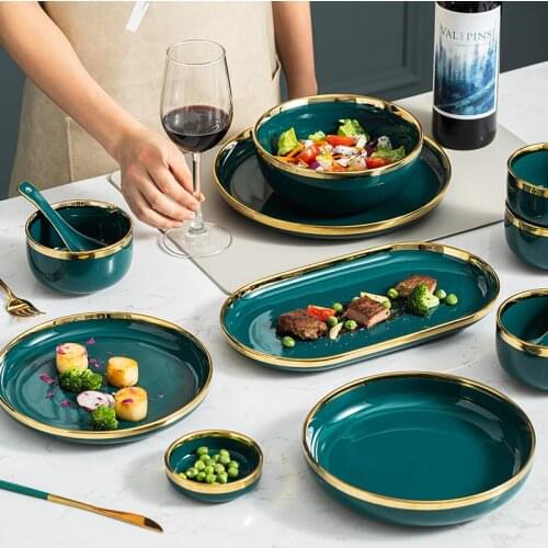 Green Ceramic Tableware Dinner Set Plates and Bowls Set Service for 2/4/6/8 Person with Bowl,Dinner Plate,Dessert&Soup Plate Set