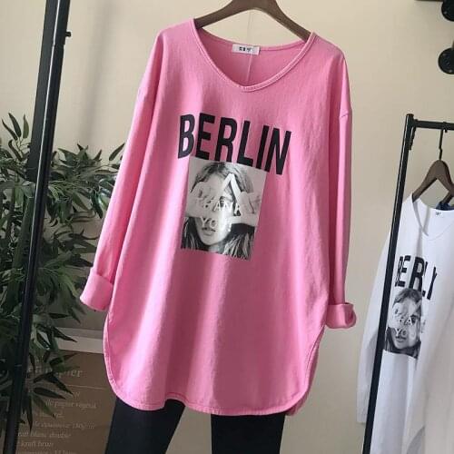 Spring New Plus Size Womens Loose Irregular Split Bottoming Shirt Long-sleeved Mid-length T-shirt