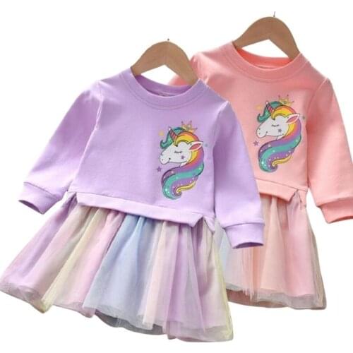 Girl Clothing Autumn New Cartoon Unicorn Printed Long-sleeved Shirt Stitching Rainbow Mesh Princess Dress for 2 3 4 5 6 Years
