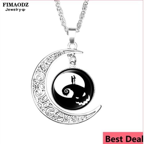 FIMAODZ Nightmare Before Christmas Necklace Jack Skellington Skull Glass Crystal Gem Moon Pendant Necklaces Party Gift