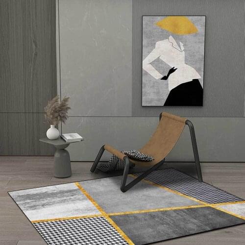 Modern Houndstooth Gray Gold Line Stitching Living Room Bedroom Bedside Carpet Floor Mat Customization
