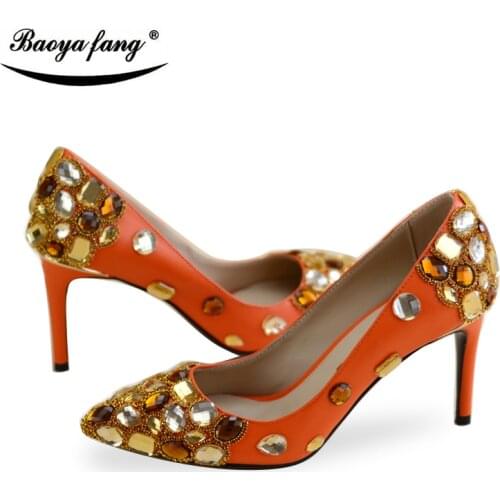 New arrival Luxury Women wedding shoes with matching bags 8cm Pointed toe Orange color High Pumps fashion ladies shoes