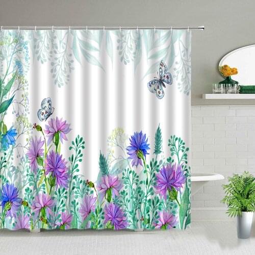 Purple Flower Butterfly Shower Curtain Set Spring Scenery Bathroom Leaves Printing Waterproof Curtains With Hooks Bathtub Decor