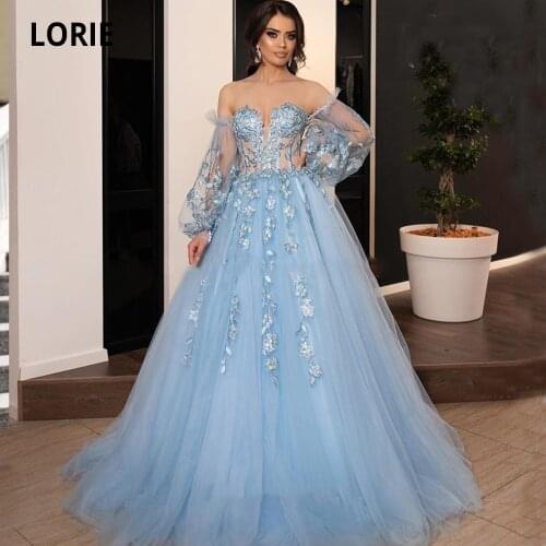 LORIE Light Blue Evening Dresses Long 2020 Sweetheart Tulle Princess Graduation Formal Prom Party Gowns Lacing Plus Size