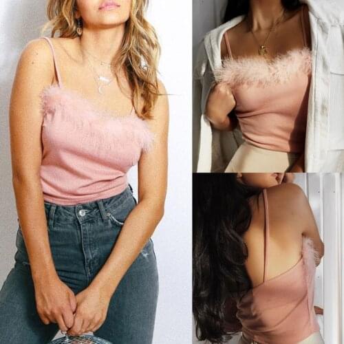 Womens Sexy Fluffy Plush Trim Crop Top Spaghetti Strap Solid Color Feather Bandeau Vest Slim Fit Backless Camisole Festival