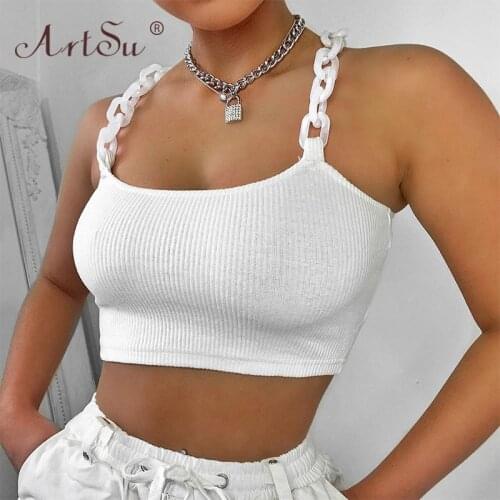 ArtSu Sexy Spaghetti Straps Chain Backless White Crop Top 2020 Summer Women Ribbed Knitting Fashion Camis Tank Top Clubwear