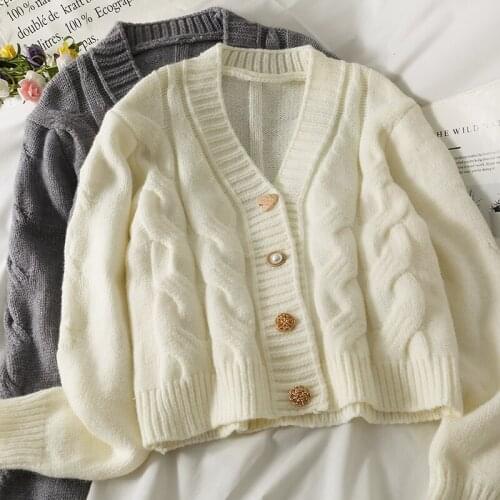 Retro Twist Knitted Sweater Cardigan Women Autumn Winter Fashion Loose Korean Heart Single Breasted Causal Solid Jumpers