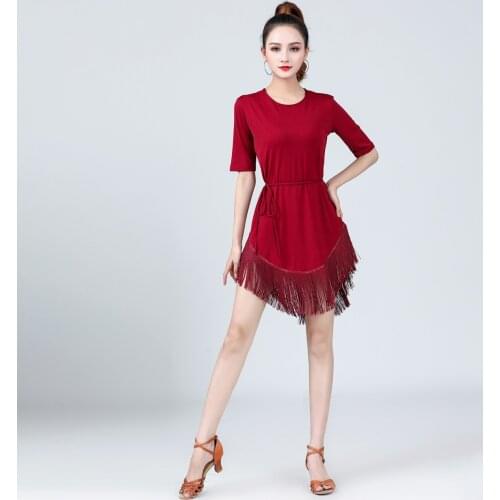 Red Latin Dance Dress Middle-sleeve Latin Dance Tassel One-piece Dress For Women Female Ballroom Tango Cha Cha Rumba Costumes