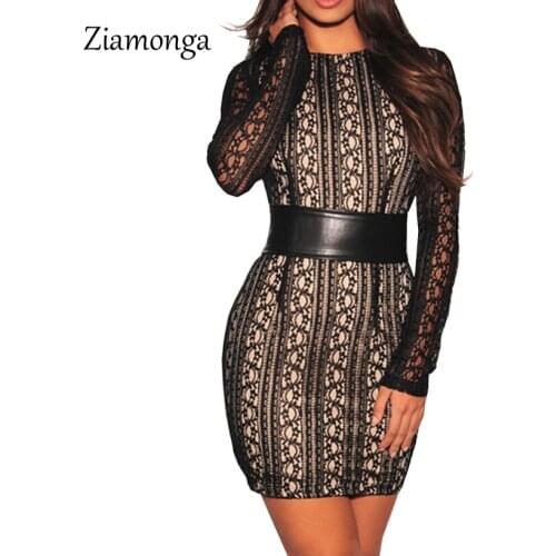 Ziamonga High Quality Women Dress 2019 Winter Long Sleeve Striped Lace Dress Elegant Autumn Club Dress Robes Femmes Casual Dress