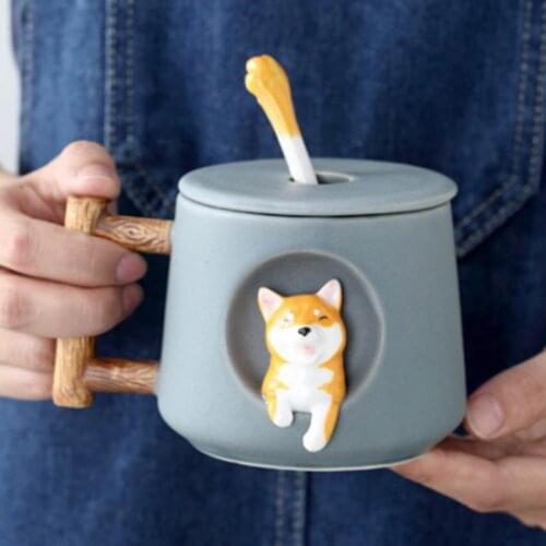 1Pcs New 420mL Cute Cartoon Animal Shiba Inu Ceramic Mug Creative Men and Women Couple with Lid Spoon Drinking Water Coffee Cup