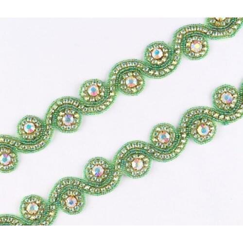 10Yard Artificial Green Style Bling Rhinestone Applique Trim Luxury Hot Fix Beaded Crystal Trimming For DIY Girl Wedding Dress