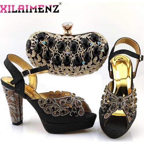 2020 High Quality New Design Nigerian Women Shoes and Bag Set in Black Color Decorate with Rhinestone for Wedding Party