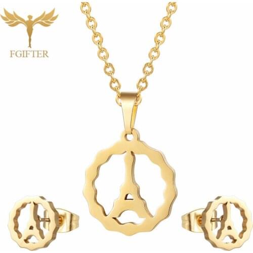 2020 Fashion Earrings Necklace Set French Romantic Eiffel Tower Necklace Gold Stainless Steel Jewelry Set