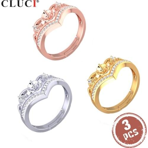 CLUCI 3pcs 925 Sterling Silver Women Pearl Ring Mounting Silver 925 Adjustable Ring Jewelry Crown Women Rings SR2193SB