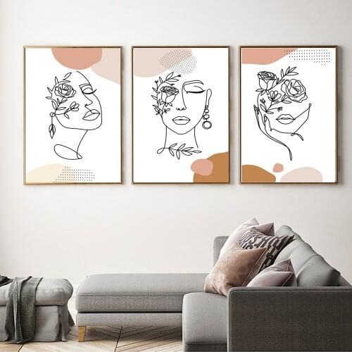 Boho Abstract Woman Face Line Drawing Flowers Canvas Poster Art Wall Decor Prints Picture For Bedroom Decoration