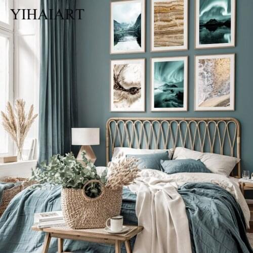 Marble Abstract Canvas Poster Forest Lake Landscape Wall Print Painting Nordic Aurora Art Picture Modern Living Room Decoration