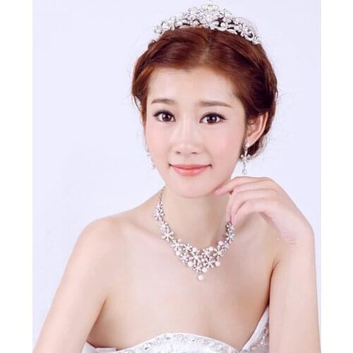 Hot Sale Crystal Simulated Pearls Necklace Tiaras and Crowns Eardrop Jewelry Set Bridal Bride Wedding Party Decoration