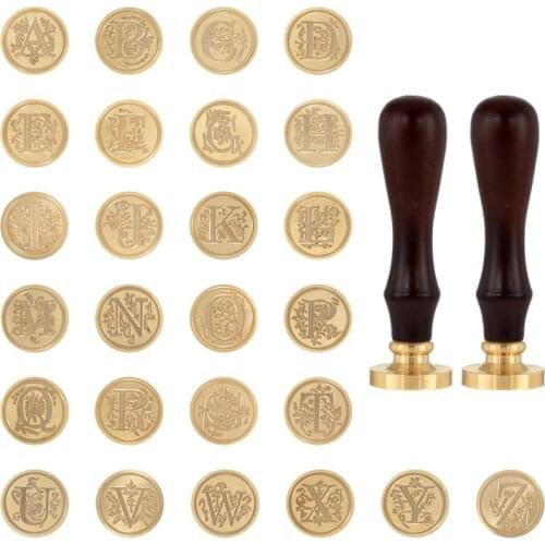 A-Z Alphabet PatternWax Seal Stamps Retro 2PCS Beech Handles + 26 English Letters Floral Lacquer Seal Scrapbook Wedding Decor