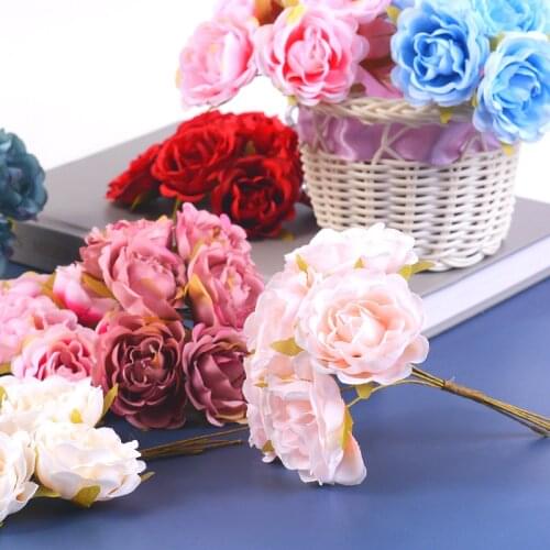 6Pcs Artificial Flower Silk Rose Bouquet DIY Garland Wedding Party Home Decoration Gift Box Scrapbook Party Supplies Fake Flower