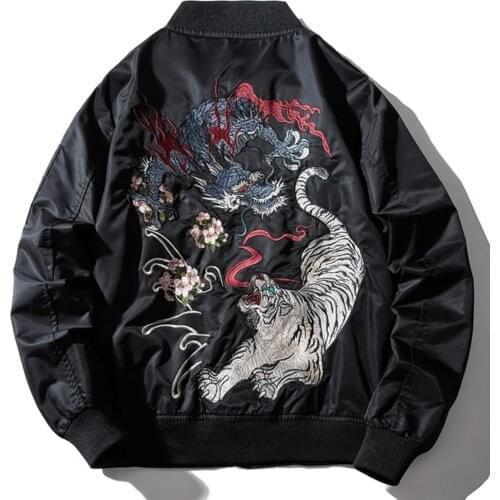 Mens Autumn Winter Jackets Harajuku Embroidery Dragon Tiger Mens Bomber Pilot Jacket Baseball Youth Hip Hop Streetwear Jacket