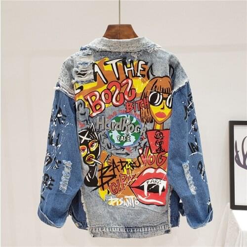 Autumn Streetwear Fashion Letter Graffiti Print Denim Jacket Women Holes Splicing Outerwear Loose Short Jeans Jacket Coat Female