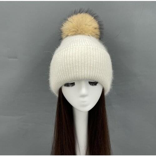 Fur Pomporn Beanie Women Warm Angora knitted Hat Plush Soft Ski Hat Winter 2021