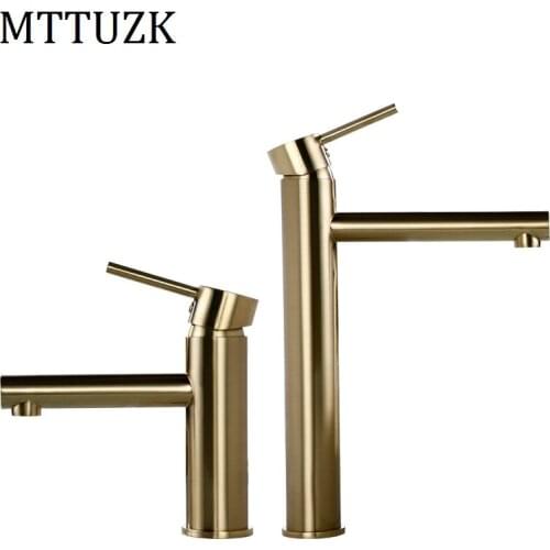 MTTUZK Solid Brass Brushed Gold Bathroom Basin Faucet Cold Hot Sink Mixer Tap Deck Mounted Single Handle Round Water Faucet
