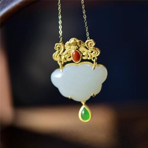 Original Design Elegant Temperament Natural Ruyi White Jade Hetian Jade S925 Sterling Silver Inlaid Ruyi Ladies Pendant
