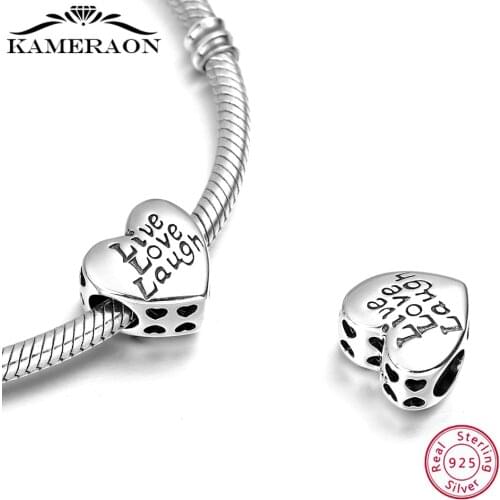 S925 Sterling Silver Heart Shaped Bead Pendant Words Charm Bracelet Live Love Laugh DIY Jewelry Accessories