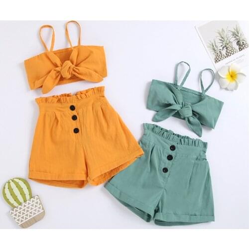 Pudcoco Girls Casual Two-piece Clothes Set Solid Color Camisole and Elastic Waist Shorts, Celadon/ Ginger