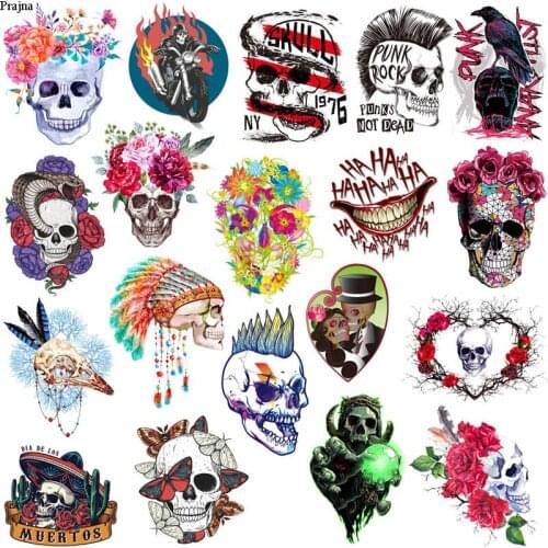 Prajna Skull Flowers Patch Iron On Transfers For Clothing Stripes Thermol Stickers On Clothes Heat Transfer Vinyl Applique Decor